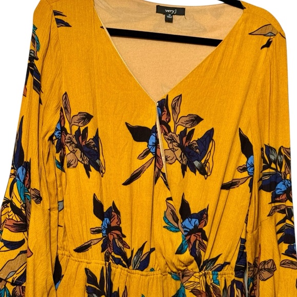 Very J Bohemian Mustard Floral Print Long Ruffled Layered Bell Sleeve Romper - Picture 2 of 12